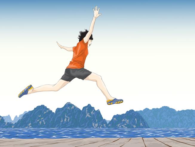 Persona feliz saltando con agua y montañas en el fondo vector