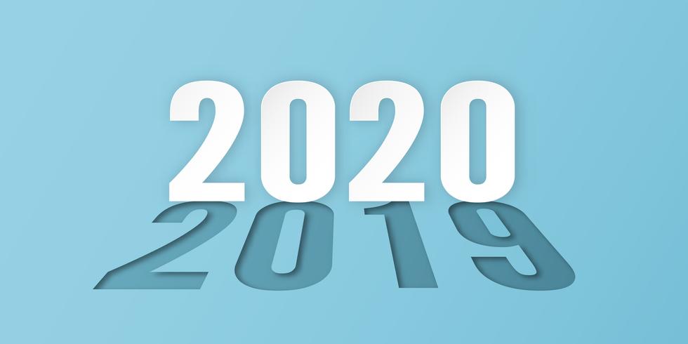 Feliz año nuevo 2020 con 2019 en sombra, año de la rata en corte de papel y estilo artesanal. vector