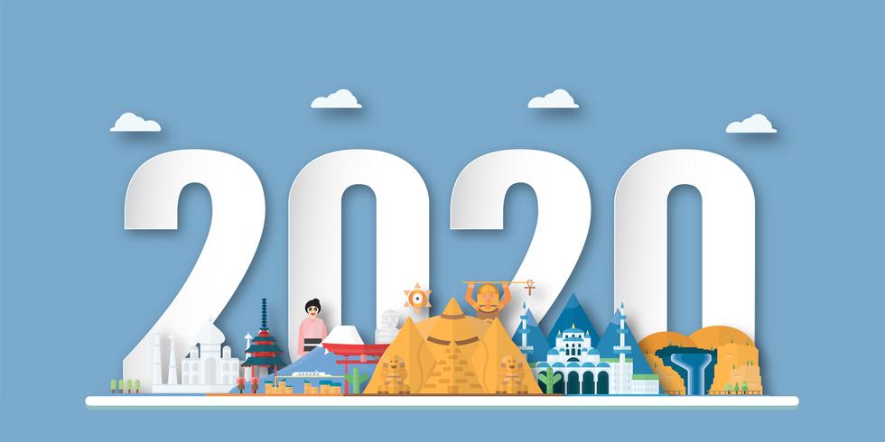 Feliz año nuevo 2020, año de la rata en corte de papel y estilo artesanal con hitos vector