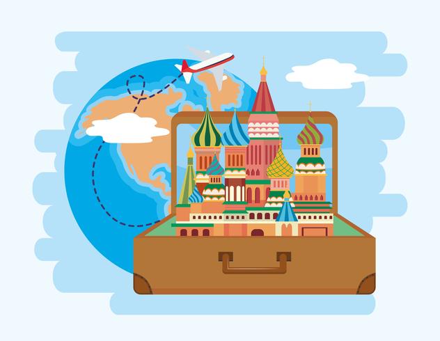 Red square inside suitcase with globe and airplane  vector