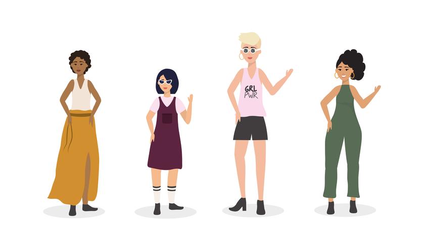 Conjunto de diversas mujeres en ropa casual sobre fondo blanco. vector