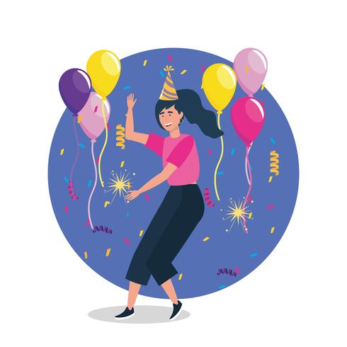 Joven bailando con globos y confeti vector