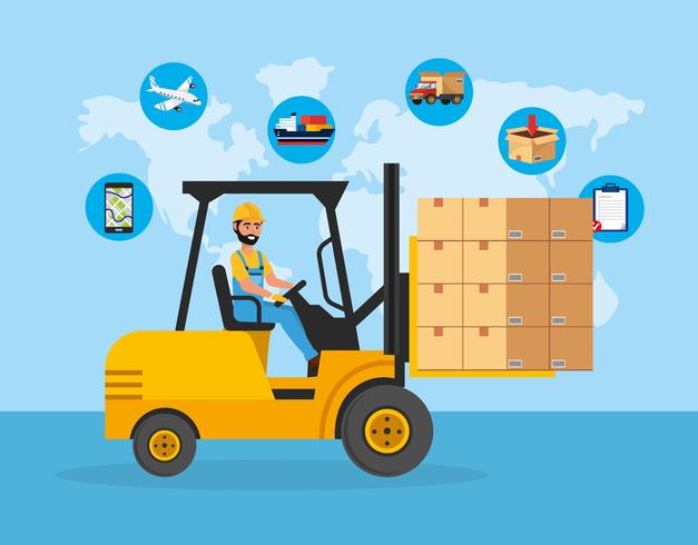 Delivery man with packages on  forklift with delivery service icons  vector