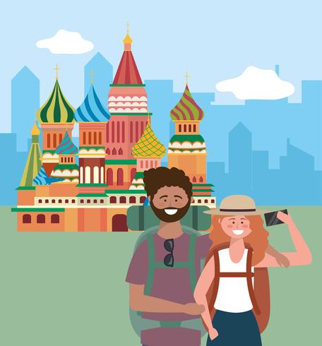 Tourist couple taking selfie in front of red square  vector
