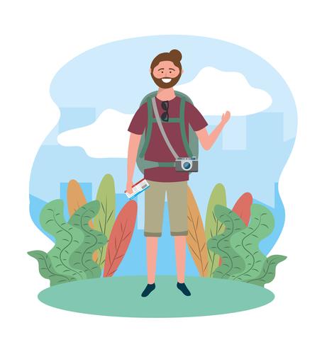 Male tourist with beard holding airplane ticket  vector