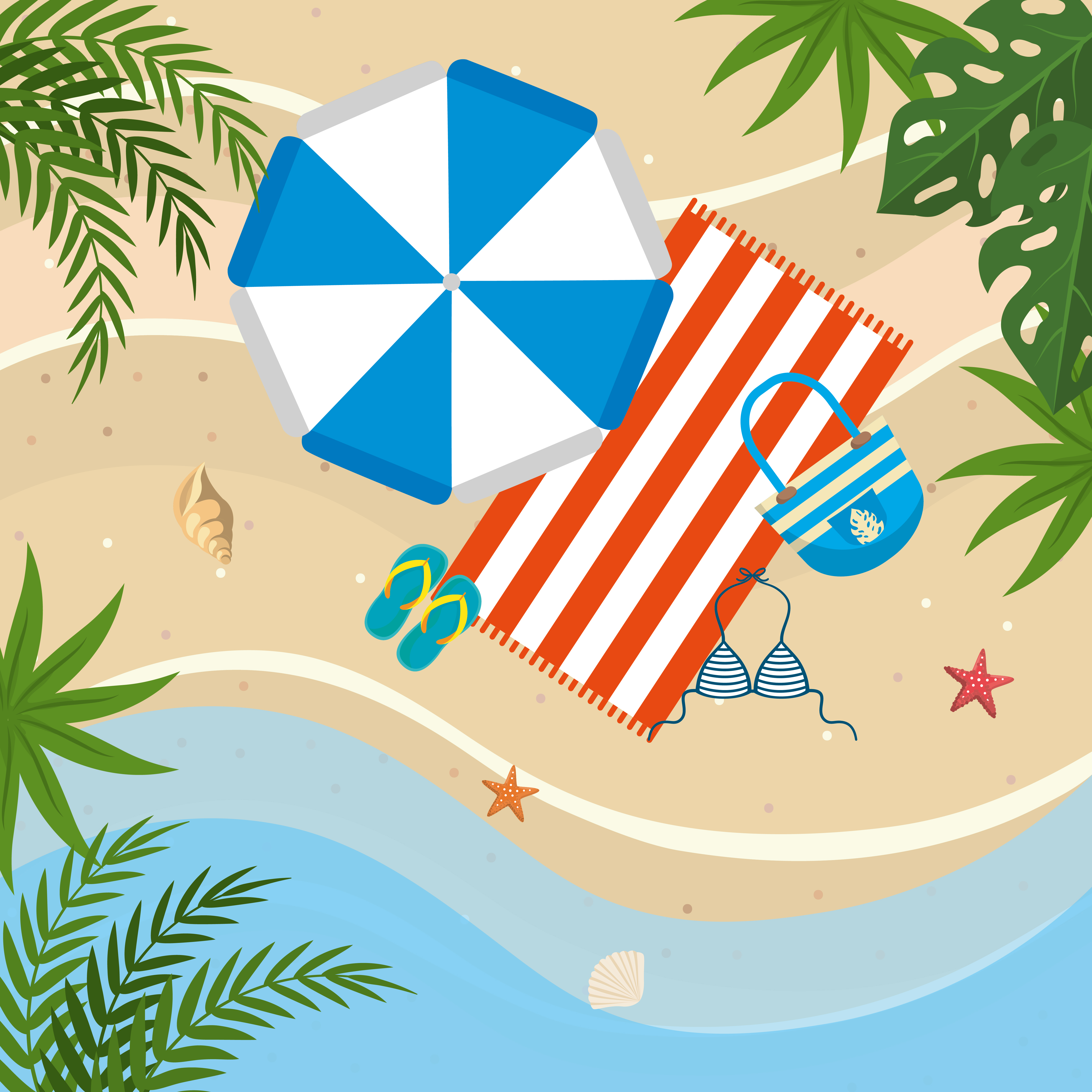 Aerial view of umbrella, towel, sandals and bathing suit on beach - Download Free Vectors ...