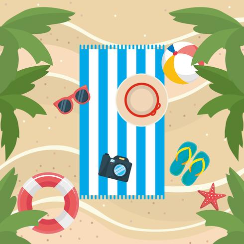 Aerial view of towel on sand with hat, camera, beach ball, sandals  vector