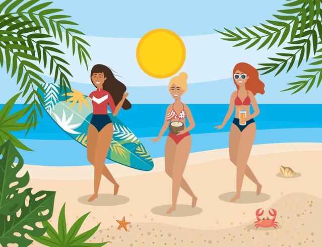 Women walking with drinks and surfboard on beach  vector
