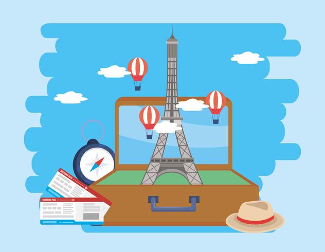 Eiffel tower in suitcase with airplane tickets and hat  vector