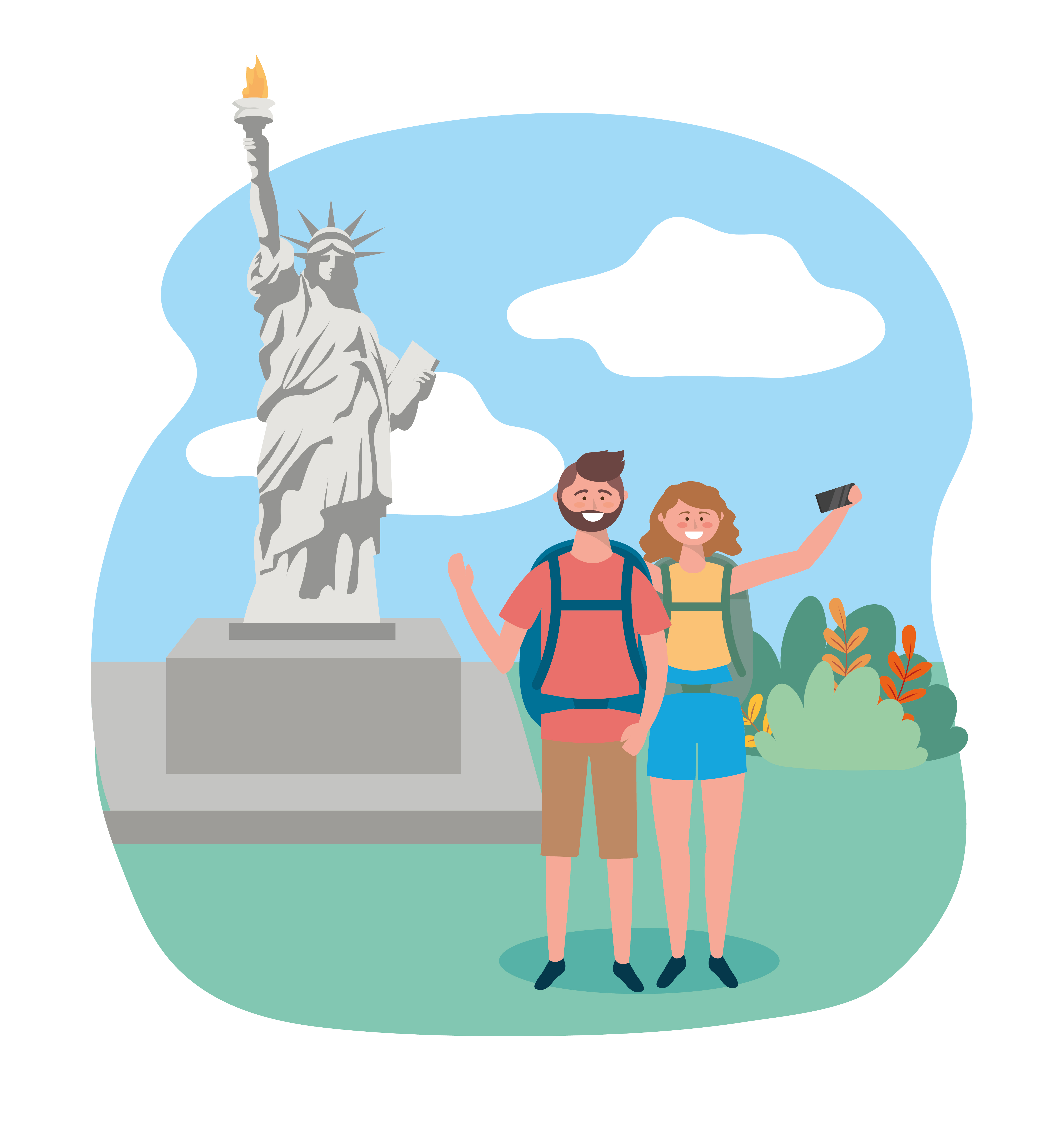 Woman and man in front of statue of liberty 671689 Vector Art at Vecteezy