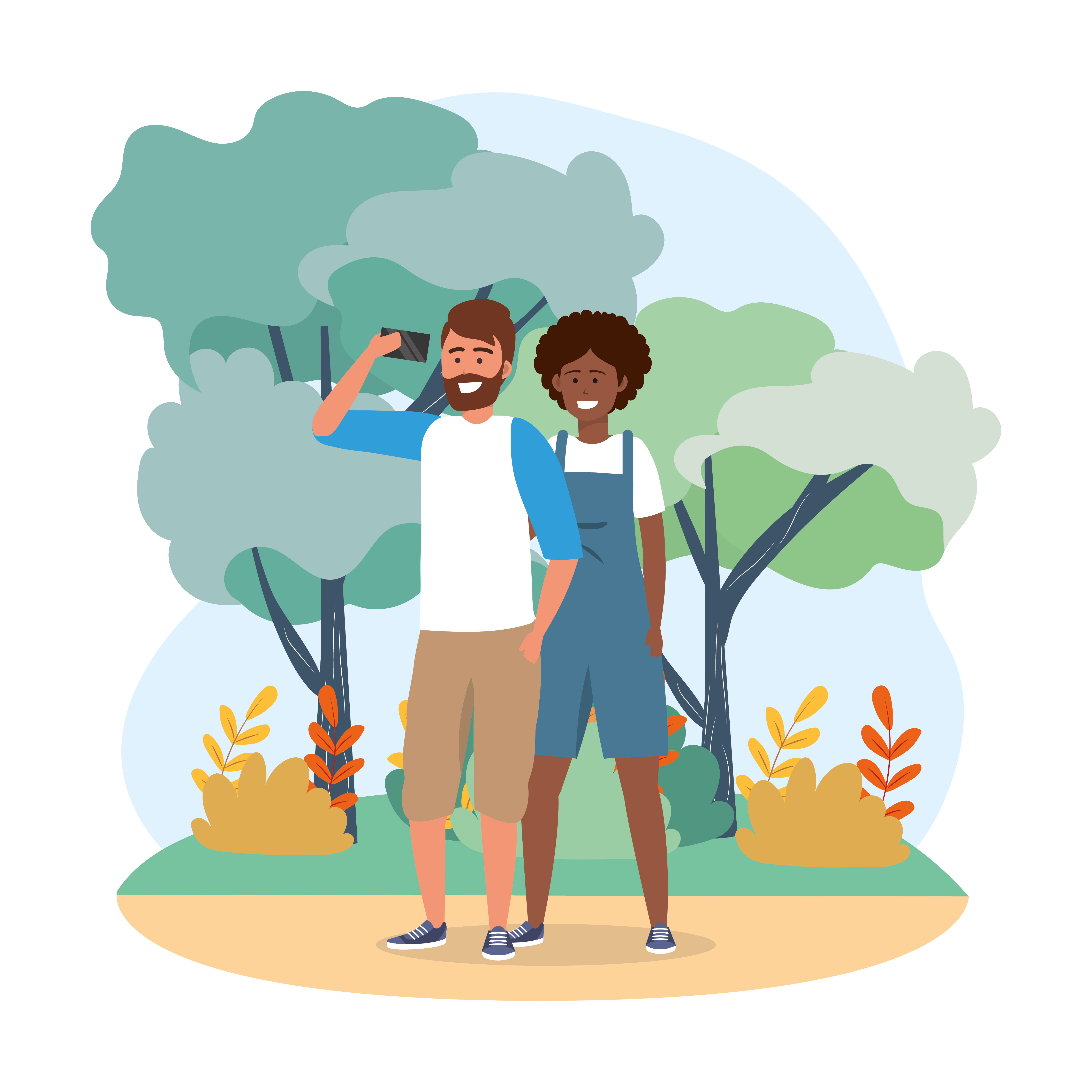 Man and woman with smartphone in park 671692 Vector Art at Vecteezy