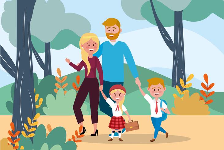 Father and mother with girl and boy going to school  vector