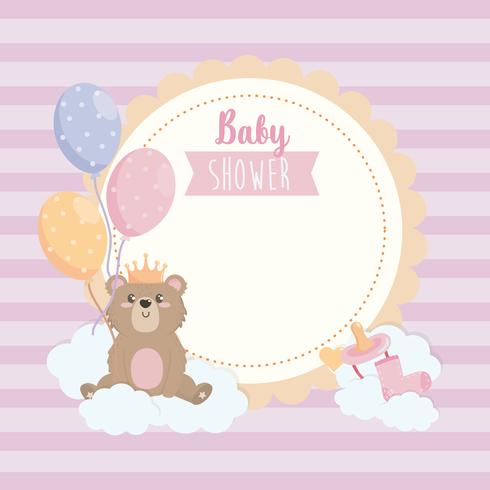 Baby shower label with teddy bear on cloud vector