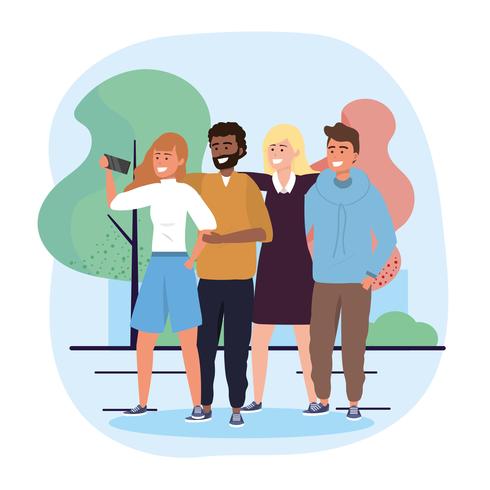 Group of diverse women and men with smartphone in park  vector