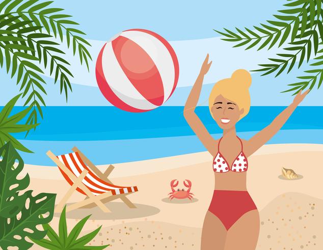 Woman playing with beach ball on beach  vector