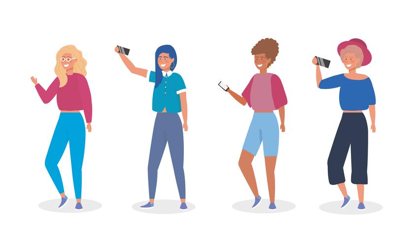 Conjunto de mujeres jóvenes con teléfonos inteligentes tomando selfies vector