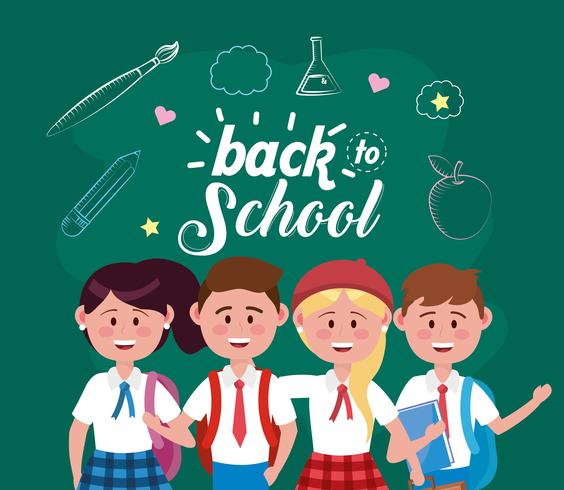 Back to school message on chalkboard with group of students vector