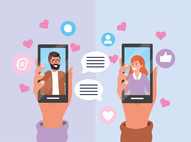 Couple messaging on smartphone with chat bubble and hearts  vector