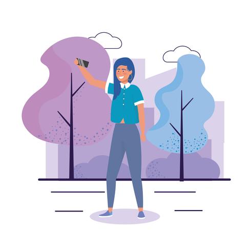 Young woman taking selfie in park  vector