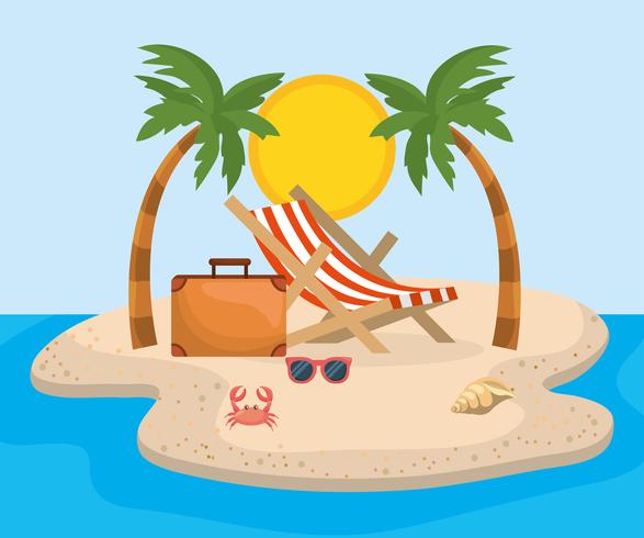 Beach chair with suitcase with palm trees on sand  vector