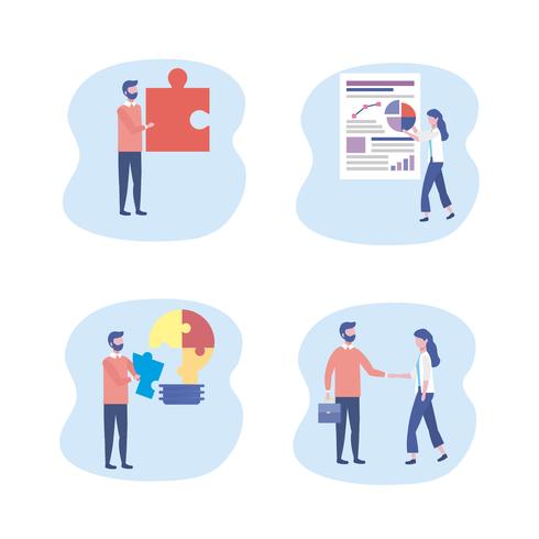 Set of businessmen and businesswoman with puzzles and teamwork graphics vector
