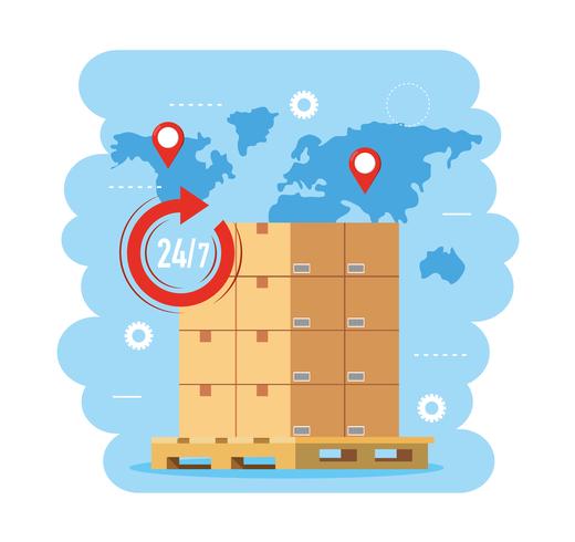 Pila de cajas de entrega en pallet con mapa mundial vector