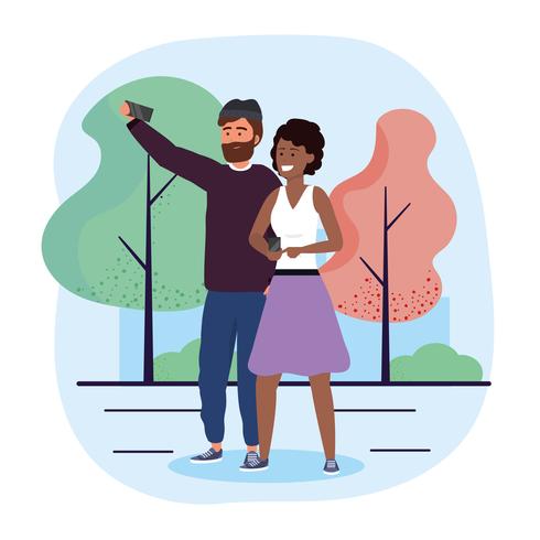 Couple taking selfie in park  vector