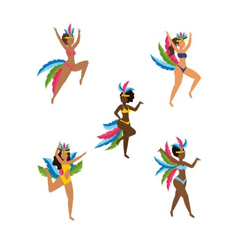 Conjunto de bailarinas de carnaval femenino en traje vector