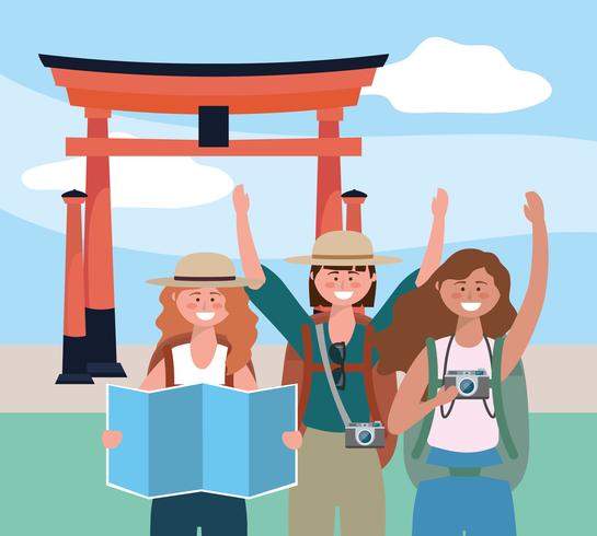 Turistas con mapa y cámara frente a la escultura de Tokio vector