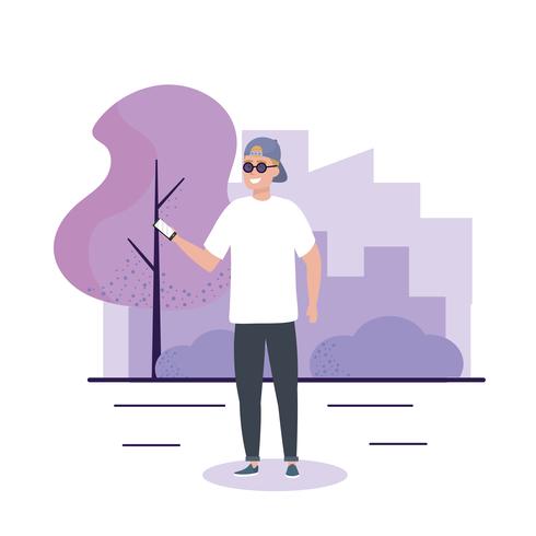 Young man with hat with smartphone  vector