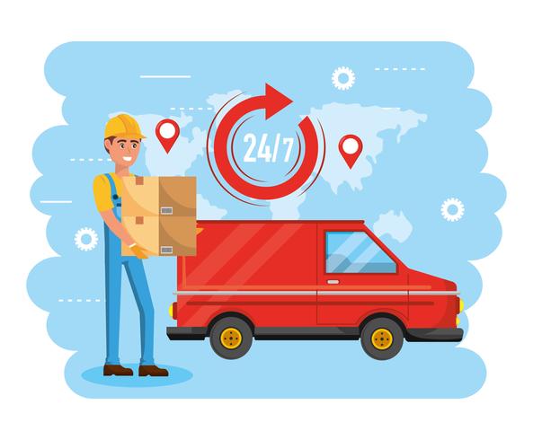 Delivery man with boxes and delivery truck  vector