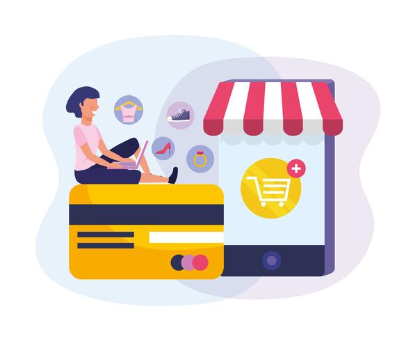 Woman with laptop on credit card with smartphone online shopping  vector