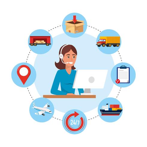 Female call center agent with computer and delivery service objects  vector