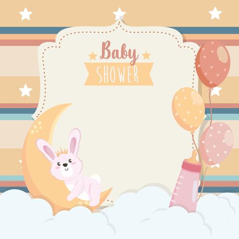 Tarjeta de Baby Shower con conejito en luna con nubes y globos vector