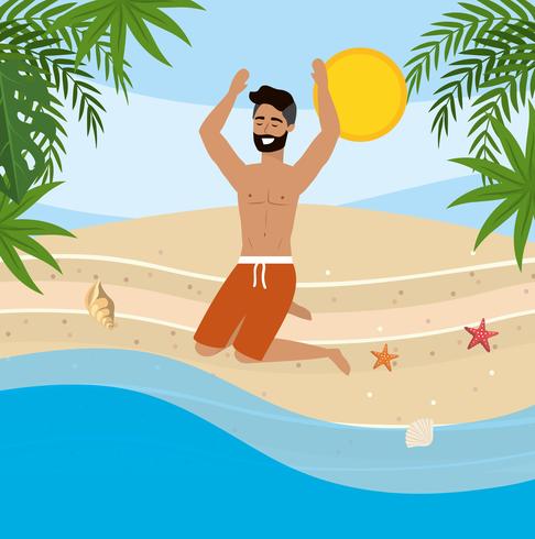 Young man with beard jumping on beach  vector