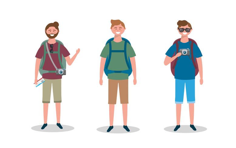 Conjunto de turistas hombres con mochilas vector