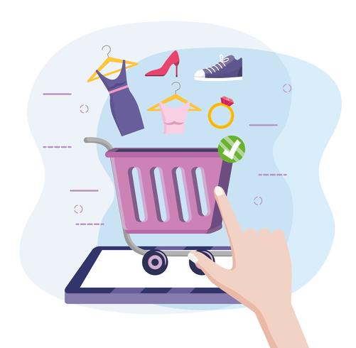 Tablet online shopping with cart and merchandise  vector