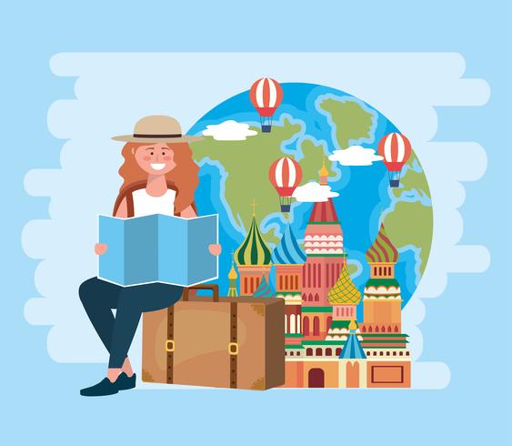 Woman sitting on luggage with red square and world map  vector