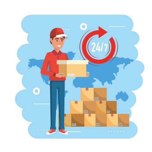 Delivery man with box and stack of packages  vector