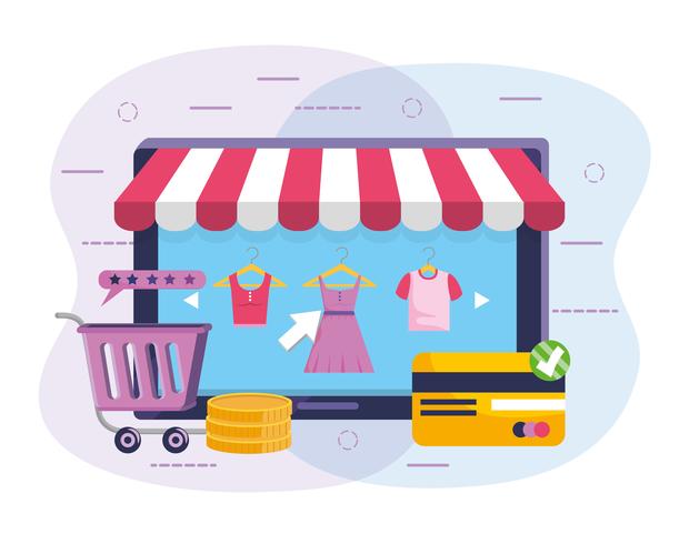 Tablet online shopping with striped awning and shopping cart vector