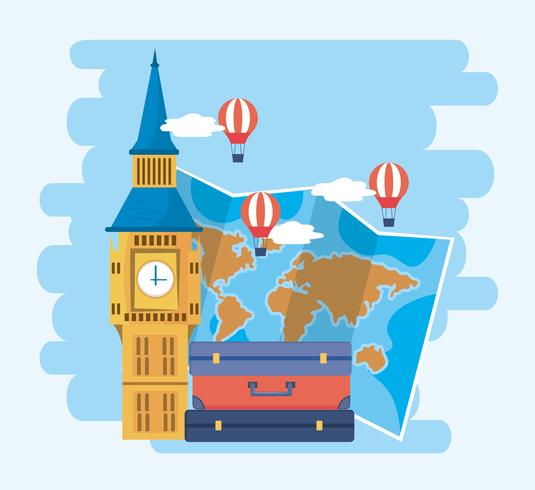 Big ben with suitcase and world map  vector