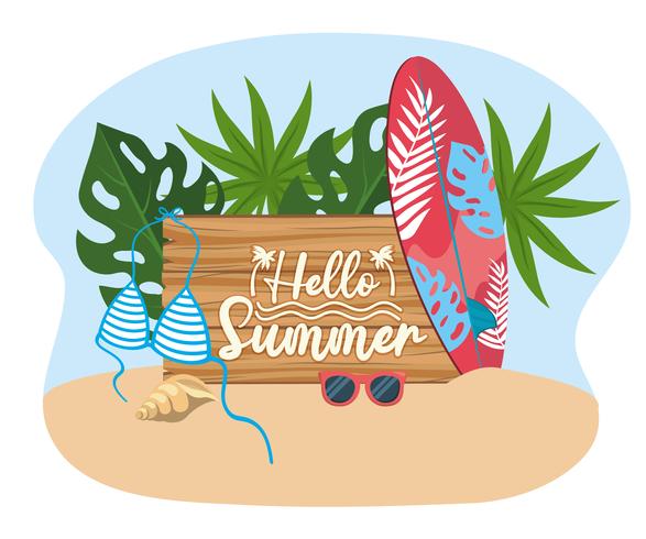 Hello summer message on wood sign with surfboard and bathing suit  vector