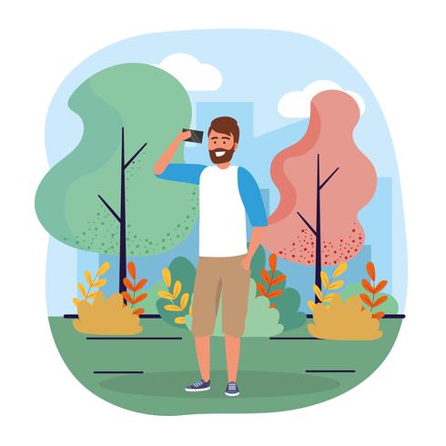 Joven urbano con barba con teléfono inteligente en el parque vector