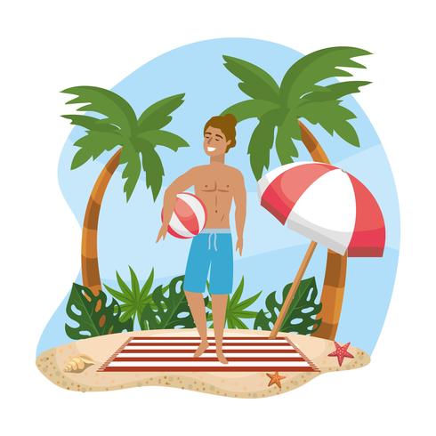 Man in bathing suit holding beach ball on beach  vector