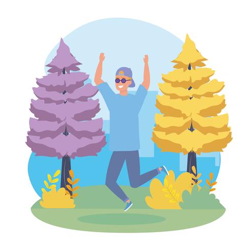 Young man with sunglasses jumping in park  vector