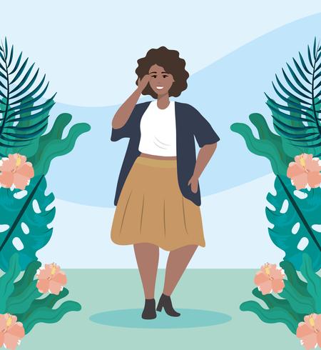 Mujer afroamericana en parque con plantas y flores. vector