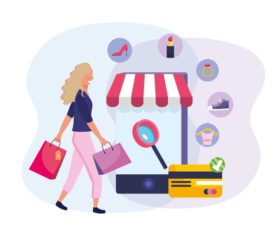 Mujer de compras en línea con iconos de teléfonos inteligentes y minoristas vector