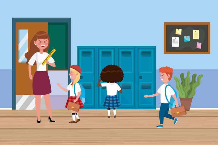 Female teacher with diverse students in school hallway  vector