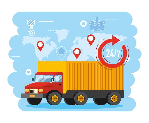 Truck transport with 24 symbol and global map  vector