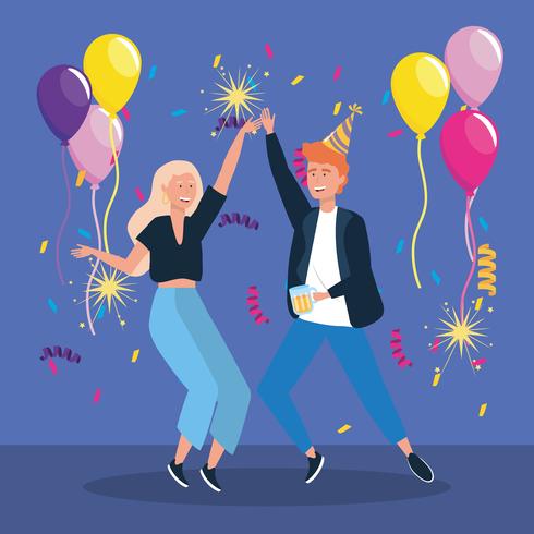 Hombre y mujer bailando con globos y confeti vector